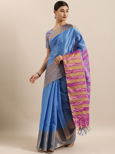 

KALINI Blue Art Silk Solid Tussar Saree