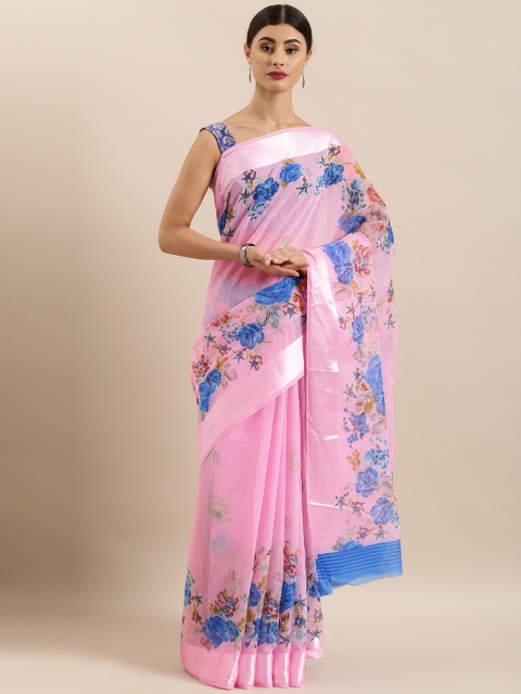 

KALINI Pink & Blue Linen Blend Floral Printed Saree