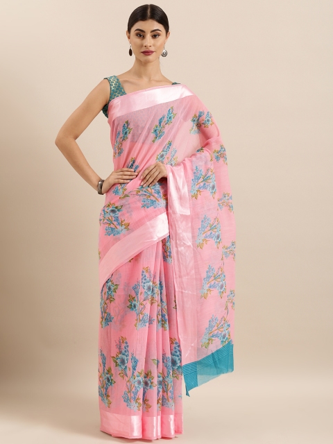 

KALINI Pink & Blue Linen Blend Floral Printed Saree