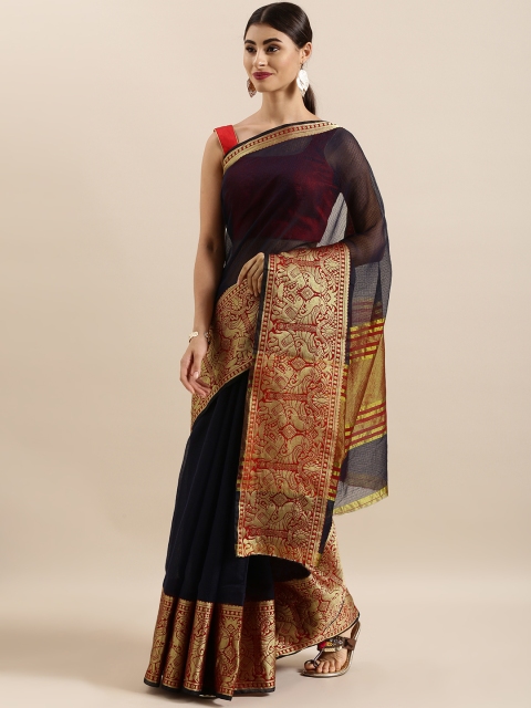 

KALINI Navy Blue & Red Cotton Blend Solid Kota Saree