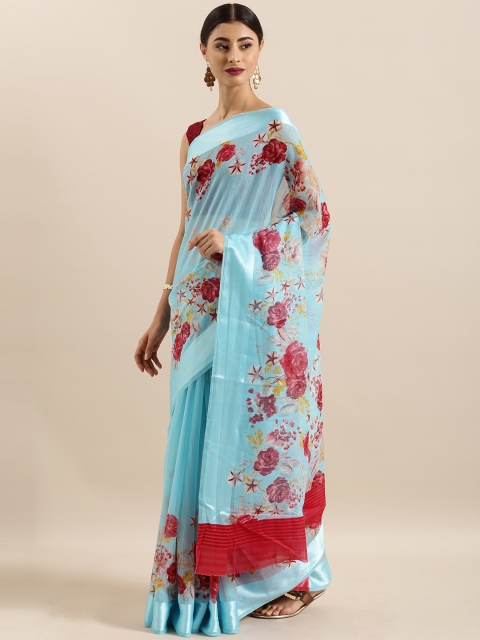 

KALINI Blue & Pink Linen Blend Printed Saree