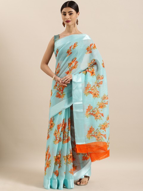 

KALINI Blue & Orange Linen Blend Printed Saree