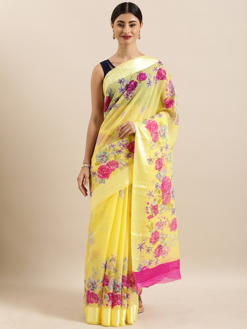 

KALINI Yellow & Pink Linen Blend Printed Saree