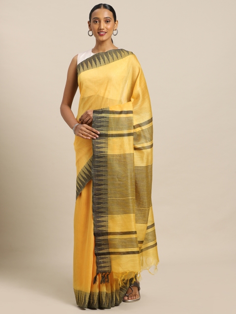 

aamna Yellow & Black Silk Blend Solid Tussar Saree