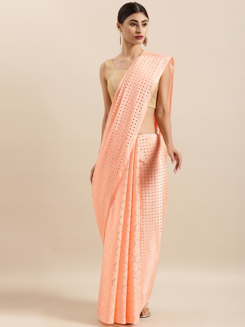 

Sugathari Peach-Coloured & Gold-Toned Embellished Poly Chiffon Saree