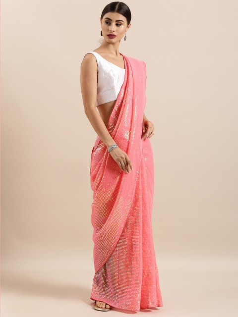 

Sugathari Peach-Coloured Embellished Poly Georgette Saree