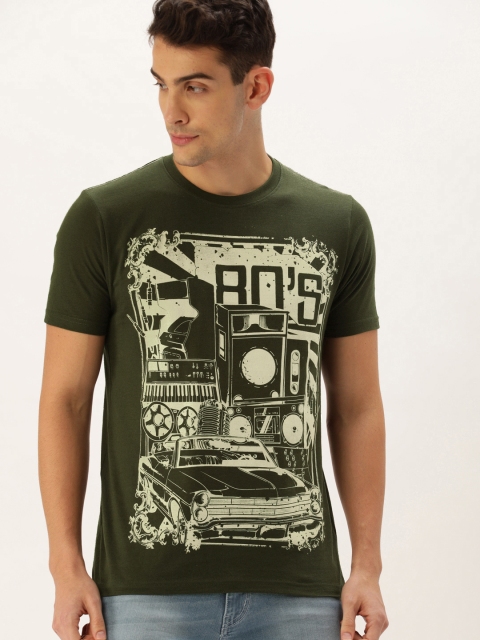 

ARISE Men Olive Green & Cream-Coloured Printed Round Neck T-shirt