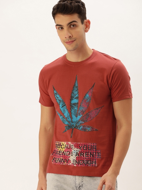 

ARISE Men Rust Red Printed Round Neck Bio-Finish T-shirt