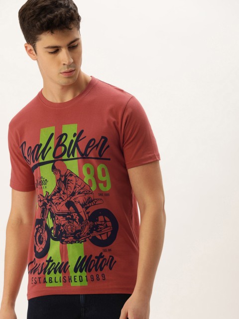 

ARISE Men Rust Red & Navy Blue Printed Round Neck T-shirt