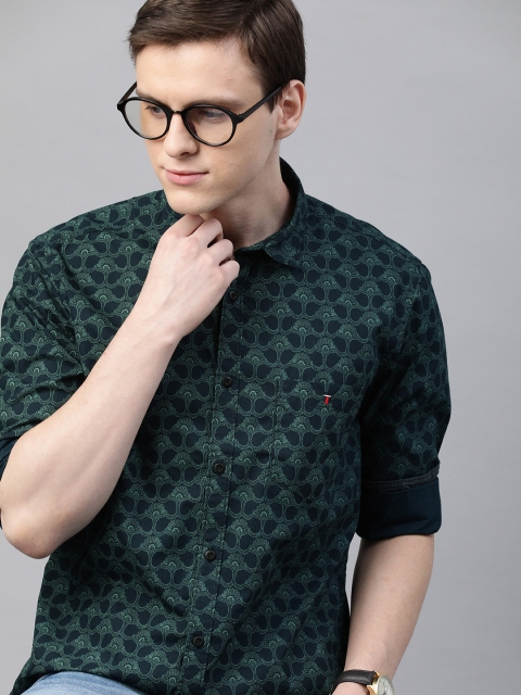 

Louis Philippe Jeans Men Navy Blue & Green Super Slim Fit Printed Casual Shirt