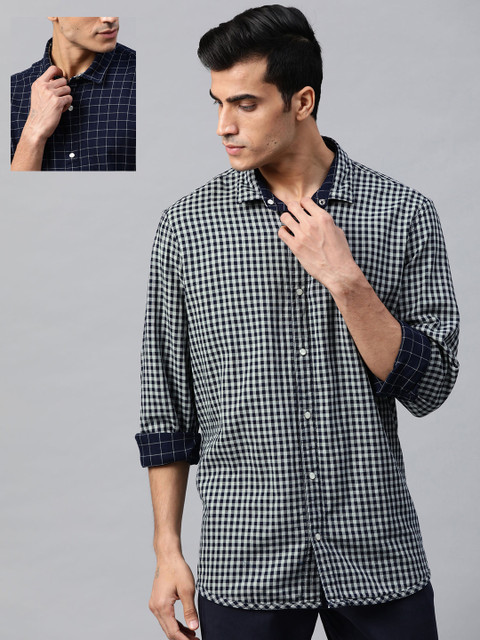 

Louis Philippe Jeans Men Navy Blue & White Reversible Slim Fit Checked Casual Shirt