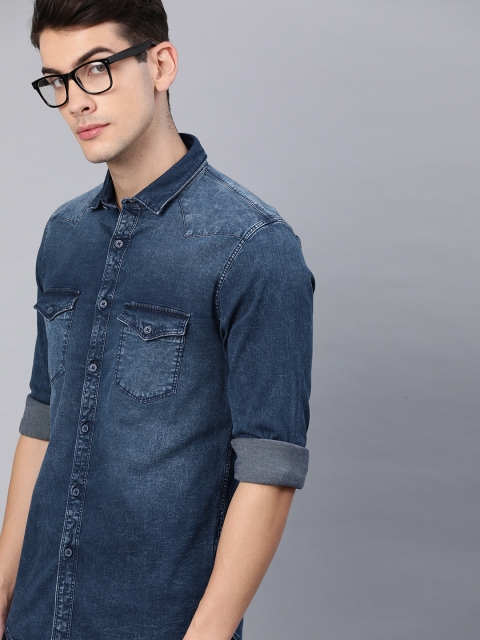 

Louis Philippe Jeans Men Blue Super Slim Fit Solid Chambray Faded Casual Shirt