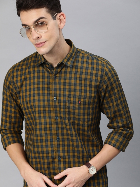

Louis Philippe Sport Men Mustard Yellow & Navy Blue Super Slim Fit Checked Casual Shirt