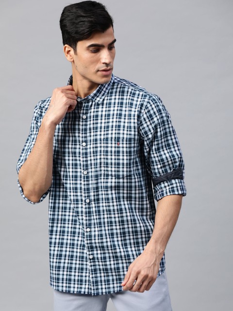 

Louis Philippe Jeans Men Navy Blue & Off-White Super Slim Fit Checked Casual Shirt