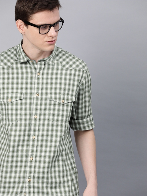 

Louis Philippe Jeans Men Olive Green & White Super Slim Fit Checked Casual Shirt
