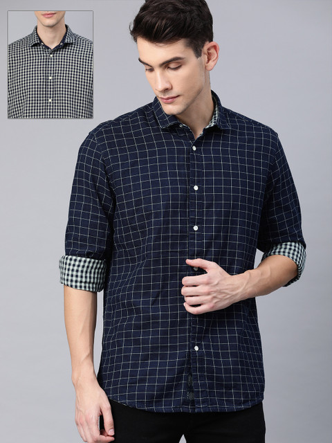 

Louis Philippe Jeans Men Navy Blue & Grey Slim Fit Checked Reversible Casual Shirt