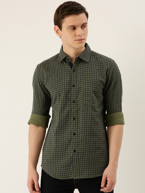 

IVOC Men Olive Green & Navy Blue Slim Fit Gingham Checked Casual Shirt