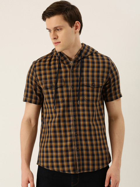 

IVOC Men Brown & Navy Blue Slim Fit Checked Hooded Casual Shirt