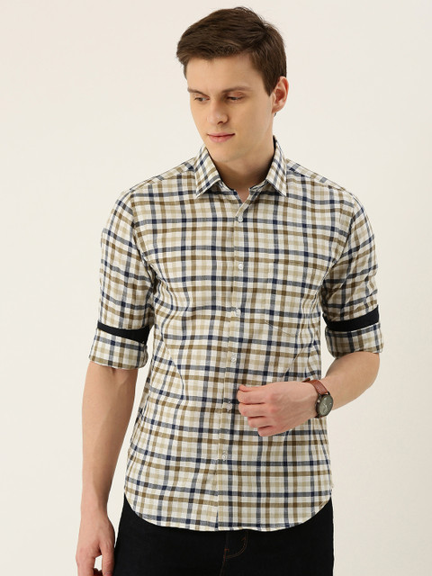 

IVOC Men White & Olive Green Slim Fit Checked Casual Shirt