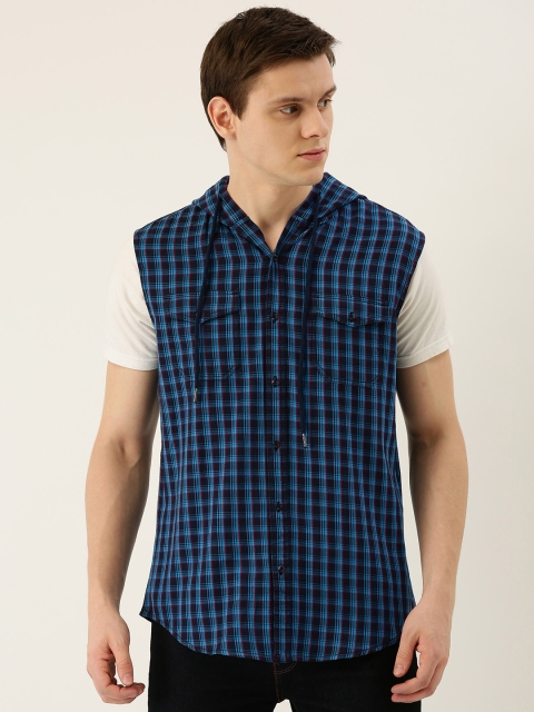 

IVOC Men Blue & Red Slim Fit Twill Checked Hooded Casual Shirt
