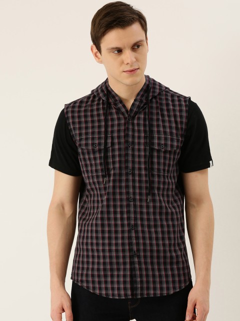

IVOC Men Black & Red Slim Fit Twill Checked Hooded Casual Shirt