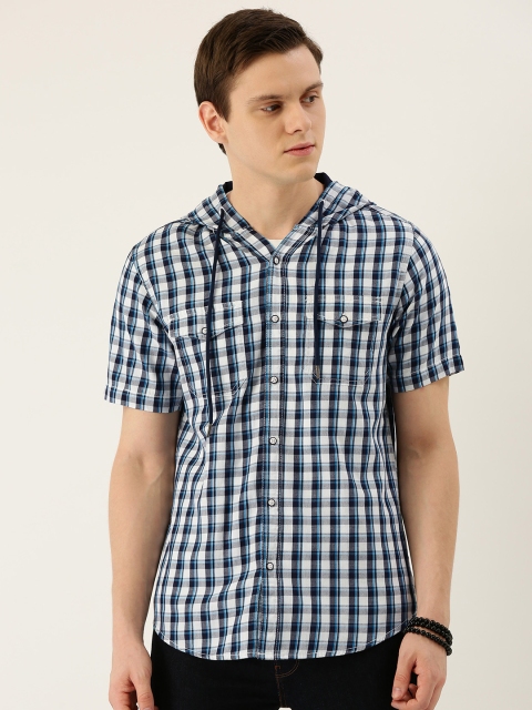 

IVOC Men Navy Blue & White Slim Fit Twill Checked Hooded Casual Shirt