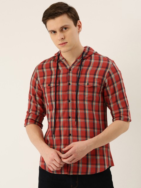 

IVOC Men Rust Red & Navy Blue Slim Fit Twill Checked Hooded Casual Shirt