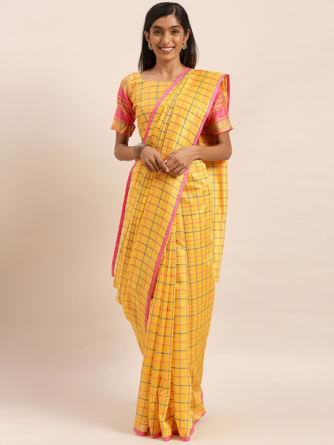 

KALINI Yellow & Blue Polycotton Checked Mysore Silk Saree