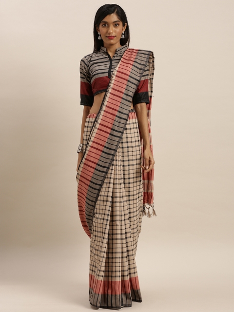 

KALINI Beige & Black Polycotton Checked Mysore Silk Saree