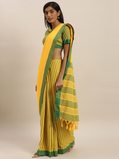 

KALINI Yellow & Green Polycotton Striped Saree