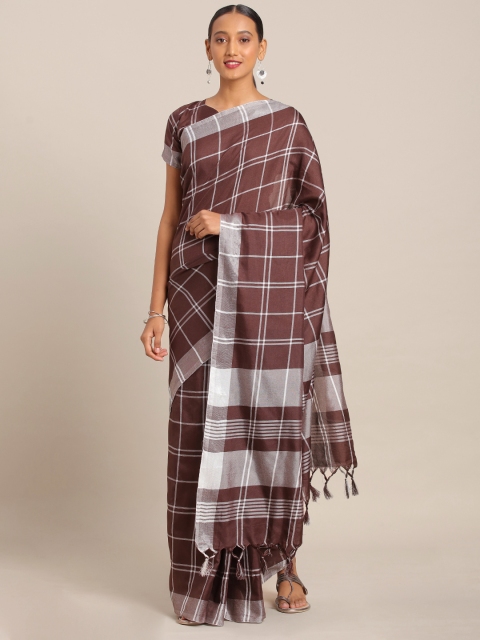 

KALINI Brown & White Polycotton Checked Mysore Silk Saree