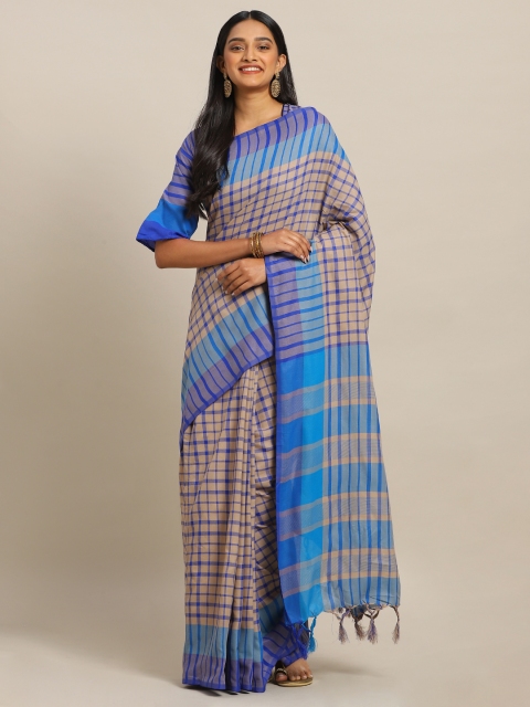 

KALINI Blue & Beige Polycotton Checked Mysore Silk Saree