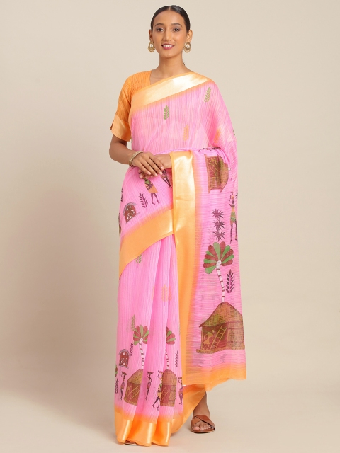 

KALINI Pink Linen Blend Woven Design Mysore Silk Saree