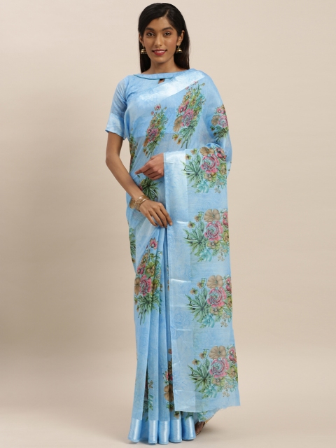 

KALINI Turquoise Blue & Green Linen Blend Floral Printed Saree