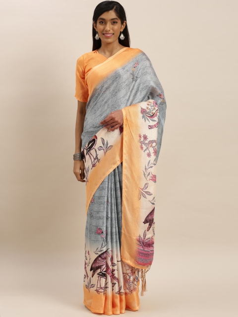 

KALINI Grey & Orange Jute Silk Printed Mysore Silk Saree