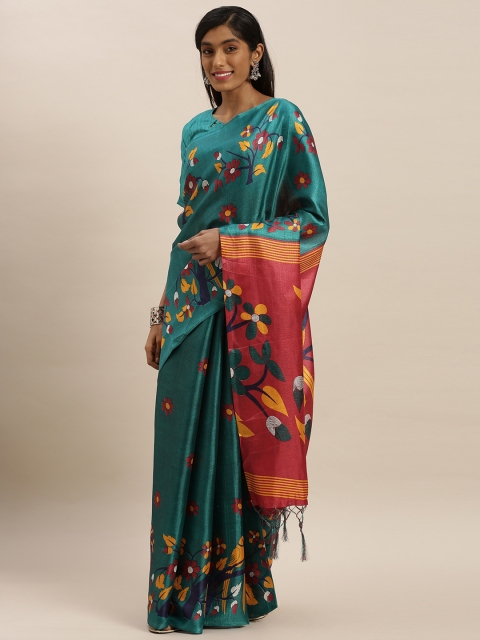 

KALINI Teal Blue & Red Polycotton Printed Mysore Silk Saree