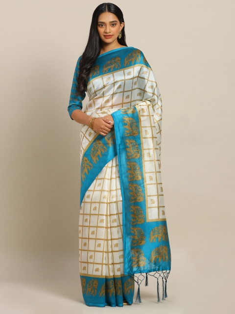 

KALINI Teal & White Polycotton Woven Design Mysore Silk Saree