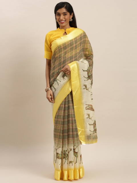 

KALINI Yellow & Brown Linen Blend Checked Mysore Silk Saree