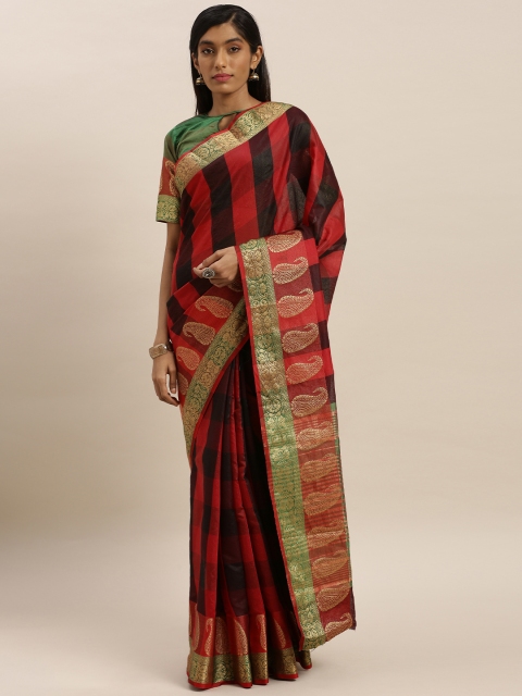 

KALINI Red & Black Polycotton Checked Mysore Silk Saree