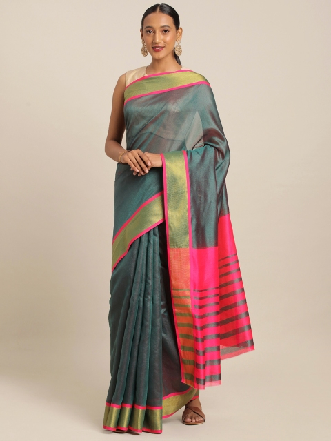 

KALINI Teal Blue Polycotton Solid Mysore Silk Saree