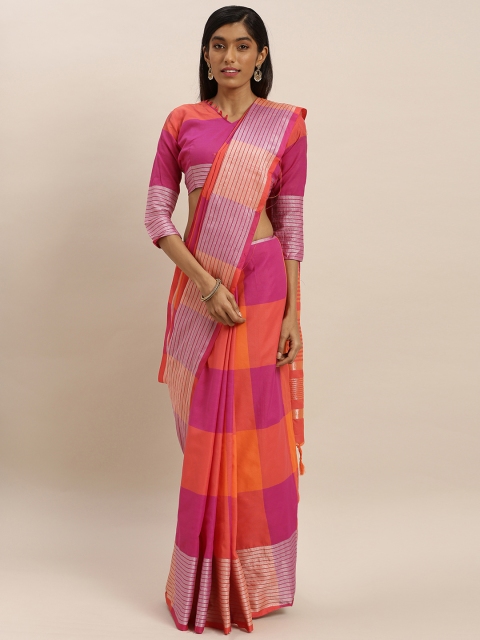 

KALINI Orange & Pink Polycotton Checked Saree