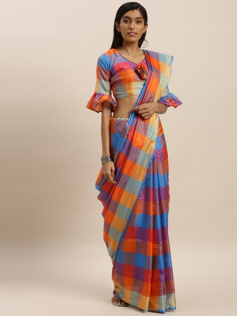 

KALINI Magenta Pink & Orange Polycotton Checked Mysore Silk Saree