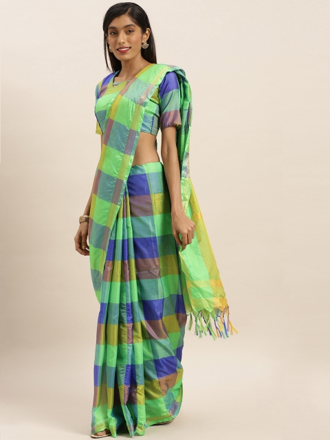 

KALINI Green & Blue Polycotton Checked Mysore Silk Saree