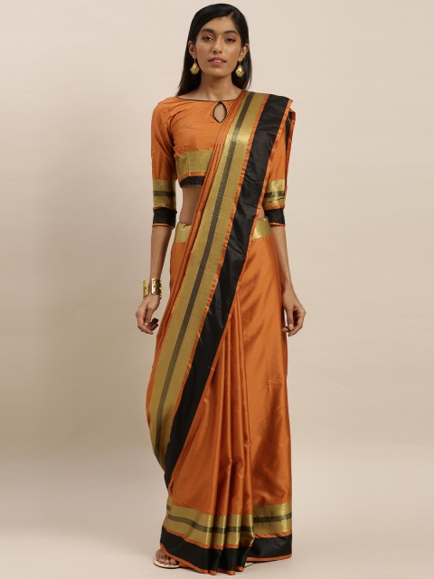 

KALINI Orange & Black Polycotton Solid Mysore Silk Saree