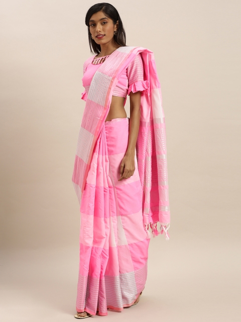 

KALINI Pink & White Polycotton Checked Mysore Silk Saree