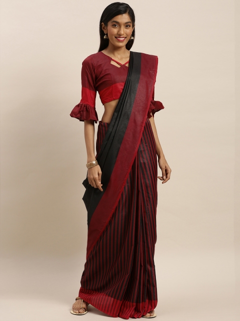 

KALINI Black & Maroon Polycotton Striped Saree