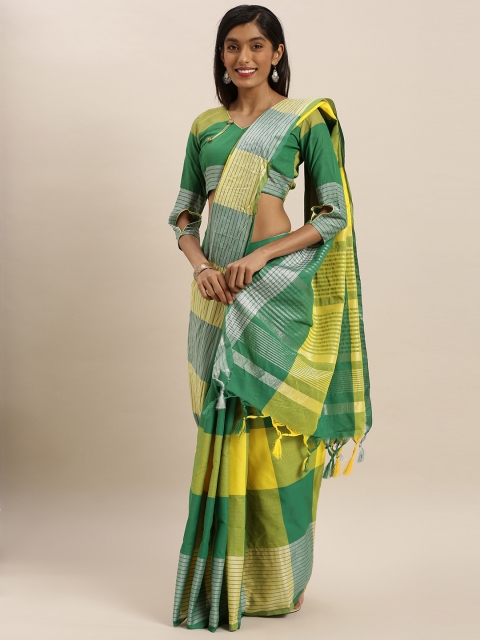 

KALINI Yellow & Green Polycotton Checked Mysore Silk Saree