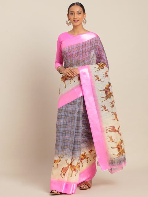 

KALINI Pink & Blue Linen Blend Printed Mysore Silk Saree