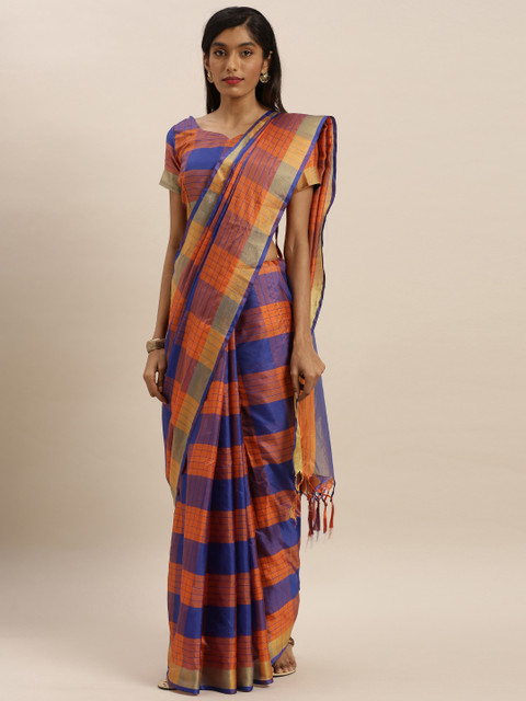 

KALINI Orange & Navy Blue Polycotton Checked Mysore Silk Saree