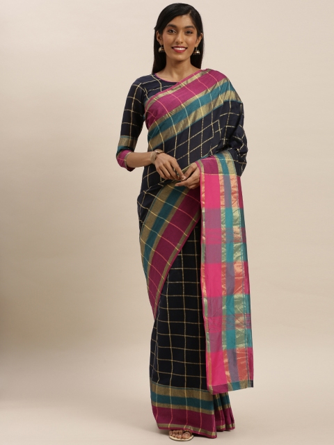 

KALINI Navy Blue & Golden Polycotton Checked Mysore Silk Saree